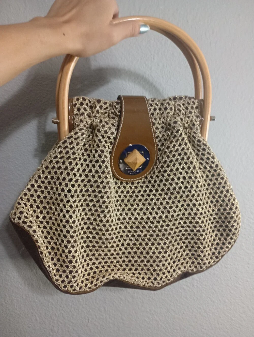 Kate Spade Wooden Handle Metallic Gold Mesh Hand Bag